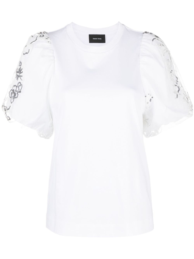 Shop Simone Rocha Embellished Puff-sleeve Cotton T-shirt - Women's - Cotton/polyester In White