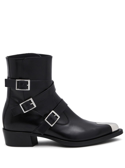 Shop Alexander Mcqueen Punk Triple Strap Ankle Boots - Men's - Calf Leather/rubber In Black