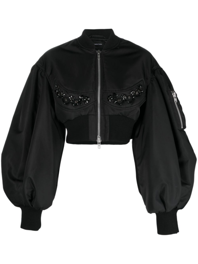 Shop Simone Rocha Black Crystal-embellished Cropped Bomber Jacket