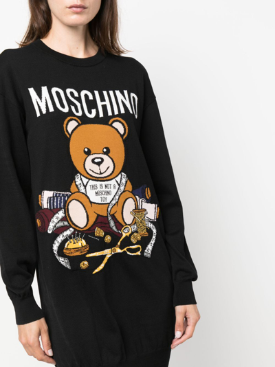 Shop Moschino Intarsia-knit Cotton Mini Dress In Black