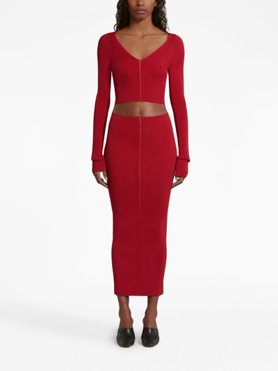 Shop Marni Ribbed Pencil Skirt In Red