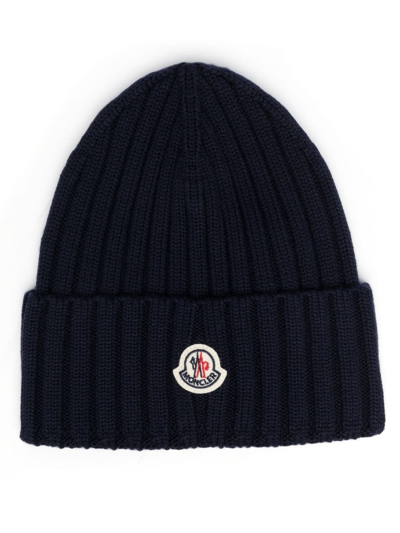 Shop Moncler Logo-patch Ribbed-knit Beanie In Blue