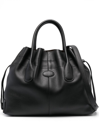 Shop Tod's Small Di Drawstring Leather Tote Bag In Black