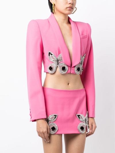 Shop Area Butterfly-embroidered Cropped Blazer In Pink