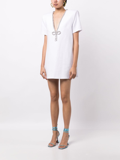 Area White Crystal Bow V-neck T-shirt Minidress In White