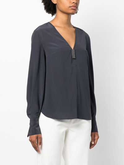 Shop Brunello Cucinelli Bead-detail Silk Blouse In Blue