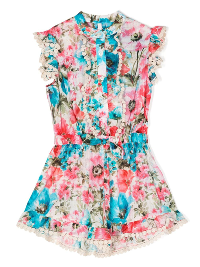 Shop Zimmermann Halcyon Floral-print Cotton Playsuit In Blue