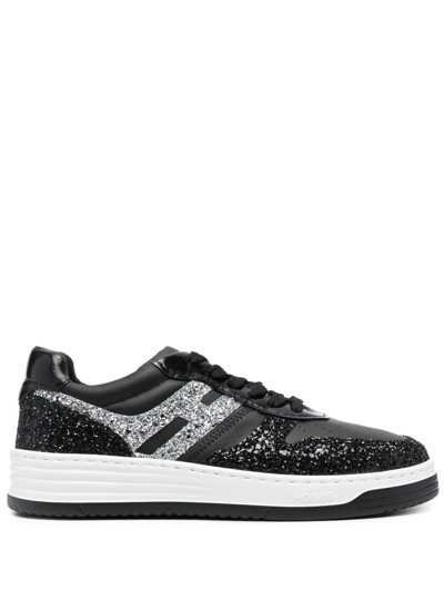 Shop Hogan H630 Glitter-detail Leather Sneakers In Black