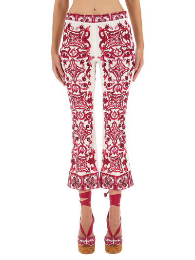 Shop Dolce & Gabbana Majolica Print Charmeuse Pants In Fuchsia