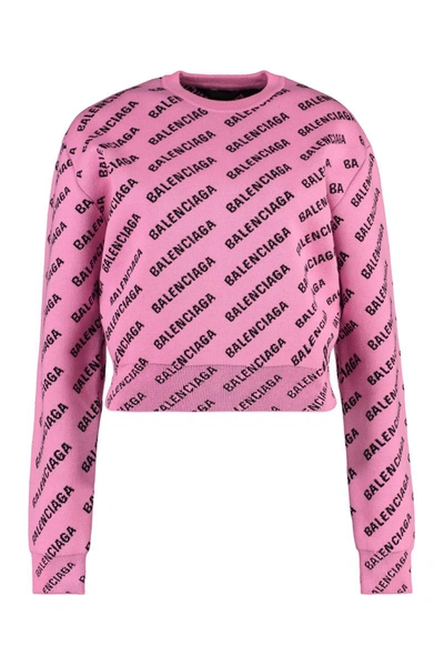 Balenciaga All-over Logo Cropped Sweater In Pink