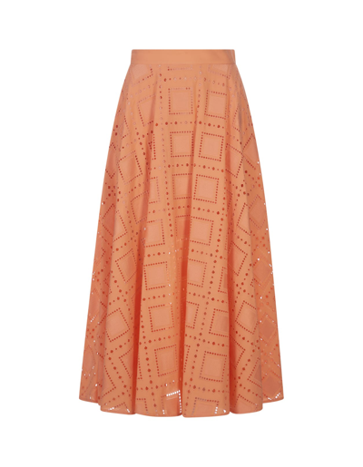 Shop Msgm Orange Sangallo Cotton Midi Skirt In Arancione