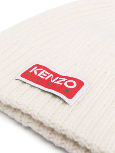 Shop Kenzo Logo-patch Knitted Beanie In Neutrals