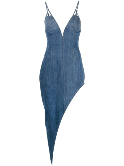 Shop Fleur Du Mal Asymmetric Washed Denim Fitted Dress In Blue