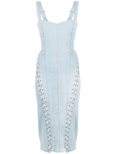 Shop Fleur Du Mal Lace-up Washed Denim Fitted Dress In Blue