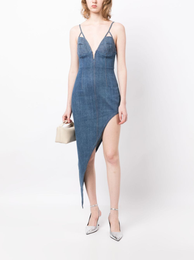 Shop Fleur Du Mal Asymmetric Washed Denim Fitted Dress In Blue
