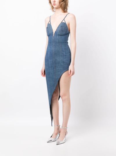 Shop Fleur Du Mal Asymmetric Washed Denim Fitted Dress In Blue