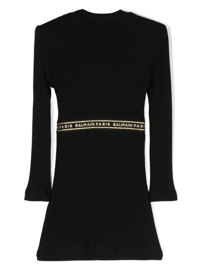 Shop Balmain Logo-waistband Ribbed-knit A-line Dress In Black