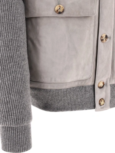 Shop Brunello Cucinelli Suede And Cashmere English Rib Knit Outerwear Jacket In Grey