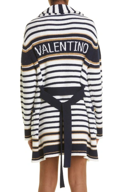 Shop Valentino Stripe Long Wrap Cardigan In Avorio/ Navy/ Oro