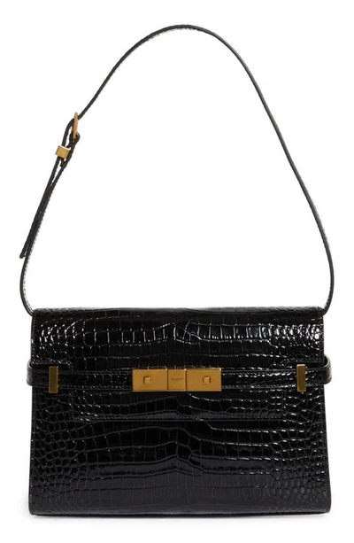 Shop Saint Laurent Small Manhattan Croc Embossed Shoulder Bag In Noir