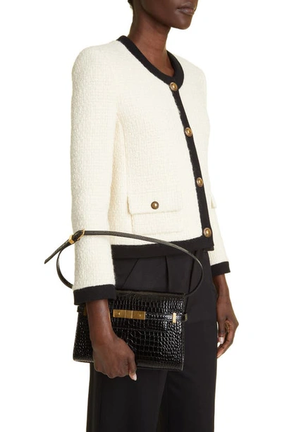 Shop Saint Laurent Small Manhattan Croc Embossed Shoulder Bag In Noir