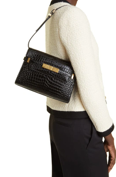 Shop Saint Laurent Small Manhattan Croc Embossed Shoulder Bag In Noir