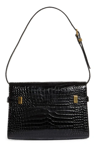 Saint Laurent Manhattan Small Croc-effect Patent-leather Shoulder Bag In Noir