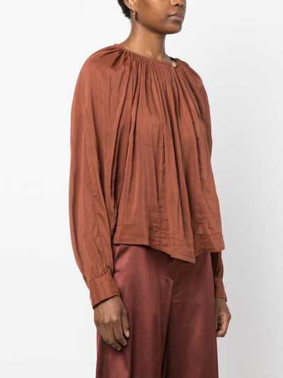 Shop Forte Forte Plissé-effect Gathered-neckline Blouse In Brown