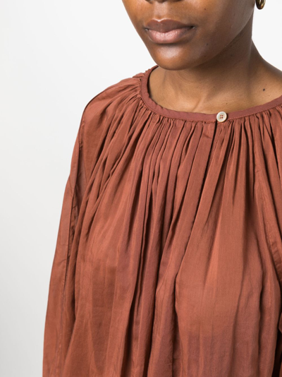 Shop Forte Forte Plissé-effect Gathered-neckline Blouse In Brown