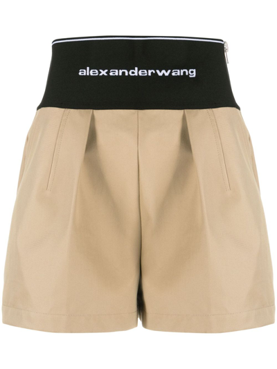 Shop Alexander Wang Logo-waist Pleated Shorts In Neutrals