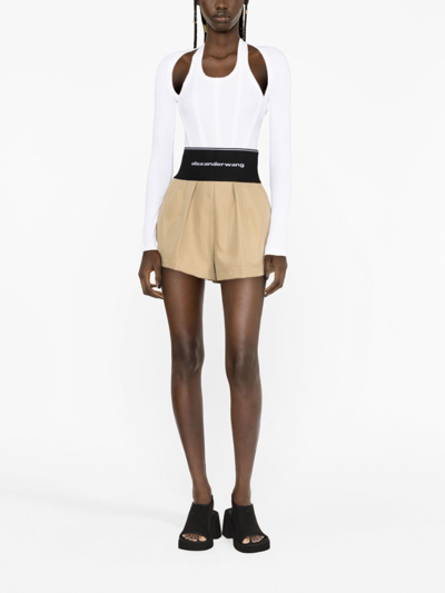 Shop Alexander Wang Logo-waist Pleated Shorts In Neutrals