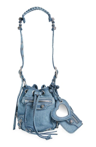 Shop Balenciaga Extra Small Le Cagole Denim Bucket Bag In Blue