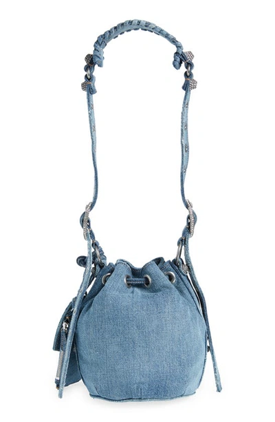 Shop Balenciaga Extra Small Le Cagole Denim Bucket Bag In Blue