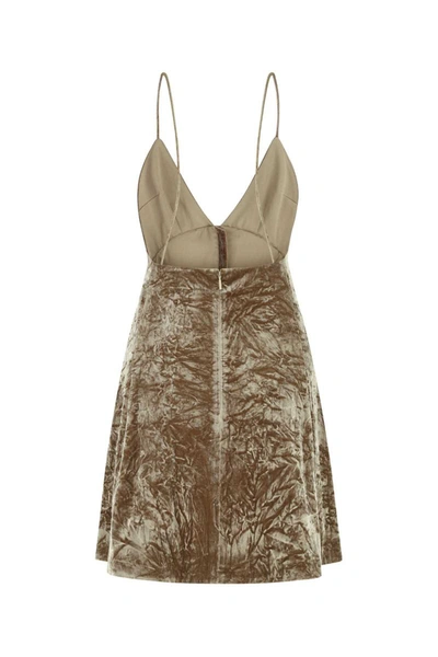 Saint Laurent Beige Velvet V-neck Short Flared Dress In Camel
