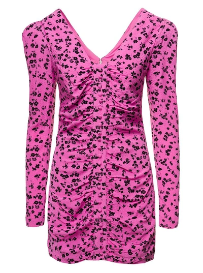Rotate Birger Christensen Floral Button Front Long Sleeve Jacquard Minidress In Pink