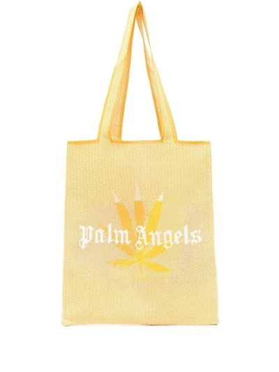 Shop Palm Angels Rafia Logo Shopping Bag In Yellow