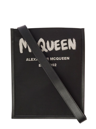 Shop Alexander Mcqueen Man's Black Leather Crossbody Bag With Logo Print