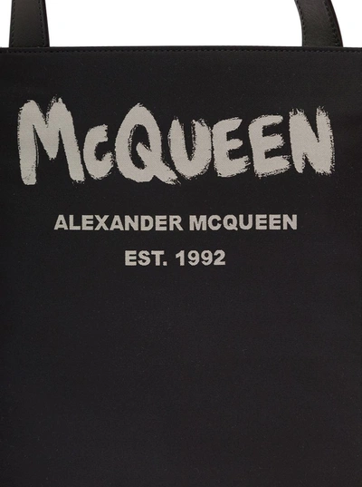 Shop Alexander Mcqueen Man's Black Leather Crossbody Bag With Logo Print