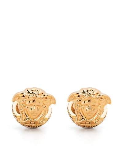 Shop Versace Medusa-head Crystal-embellished Earrings In Golden