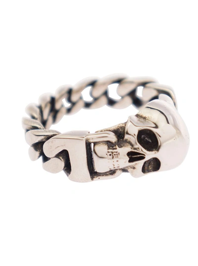 Shop Alexander Mcqueen 'skull' Silver-colored Chain Ring With Skull Detail Man In Metallic