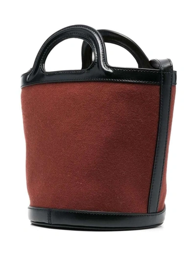 Shop Marni Brown Bucket Shoulder Bag In Calf Leather And Wool And Cotton Blend With Adjustable And Removable Sh