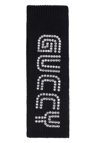 Shop Gucci Ribbed Knit Scarf With Embellished Logo In Black