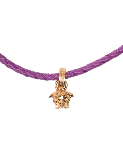 Shop Versace Gold-tone Medusa Pendant Necklace In Violet Leather Woman