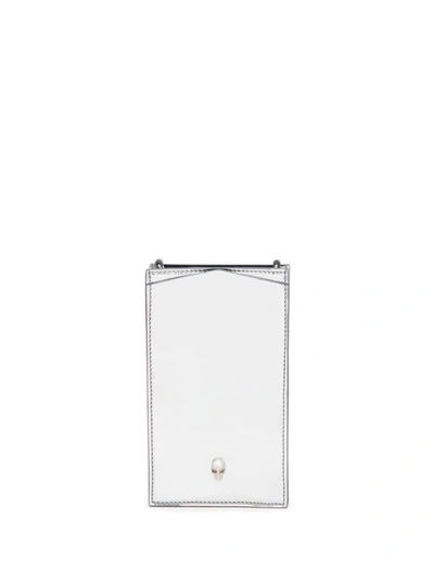 Shop Alexander Mcqueen Silver-colored Phoce Case With Chain And Skull Detail In Laminated Faux Leather Woman In Metallic