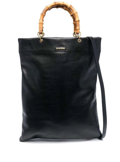 Shop Jil Sander Black Tote Bag With Bamboo Handles In Leather Woman