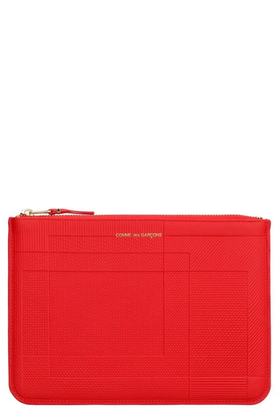 Shop Comme Des Garçons Logo Detail Flat Leather Pouch In Red