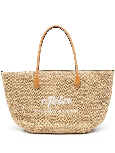 Shop Ermanno Scervino Straw Shopping Bag With Embroidery In Brown