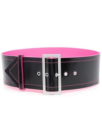 Shop Philosophy Di Lorenzo Serafini Black And Fluo Pink Belt With Pointed Tip And Constrast Stitching In Learher Woman