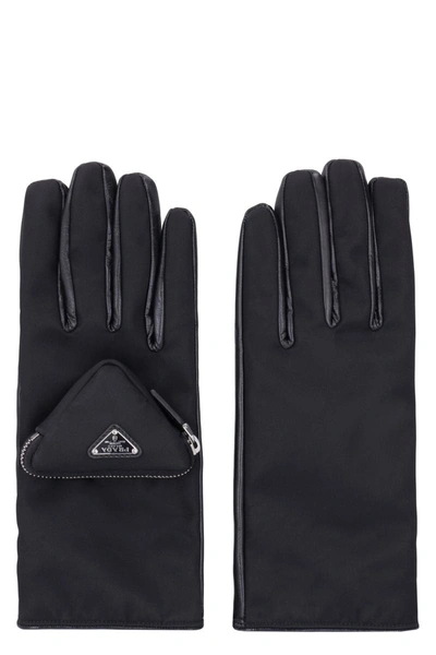 Shop Prada Re-nylon And Nappa Leather Gloves With Pouch In Black