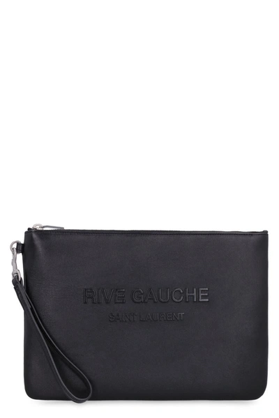 Shop Saint Laurent Rive Gauche Logo Print Flat Pouch In Black